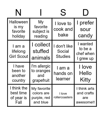 Getting to know you bingo Card