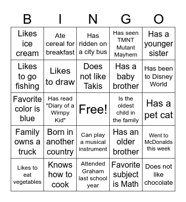 Classmate Bingo Card