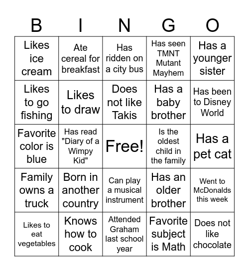 Classmate Bingo Card