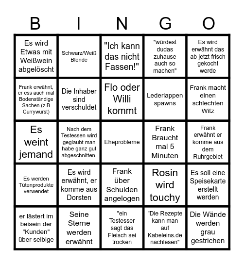 Rosins Restaurant Bingo Card