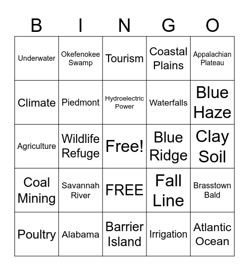 Georgia Geography Bingo Card   Georgia Geography 