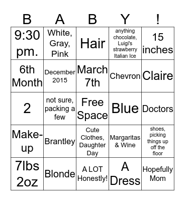 Grace's Baby Shower Bingo Card