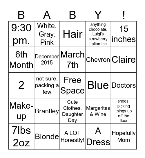 Grace's Baby Shower Bingo Card