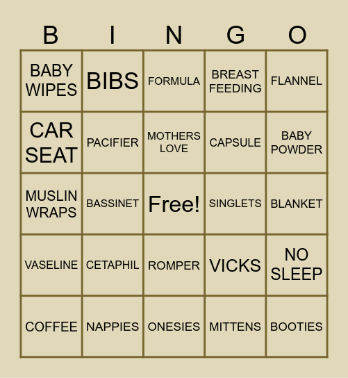 Chelsea's Baby Shower Bingo Card