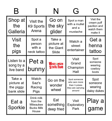 Wisconsin State Fair 2023 Bingo Card