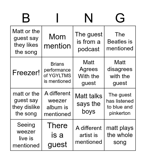 What's With These Homies Talkin About Weezer Bingo Card