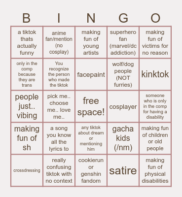 cringe tiktok compilation bingo Card