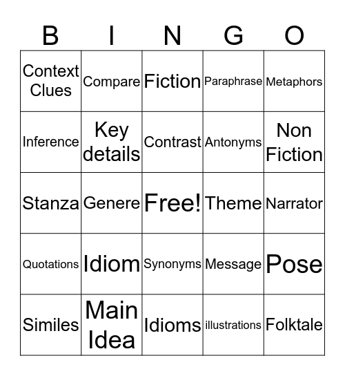 MCA Vocabulary Bingo Card