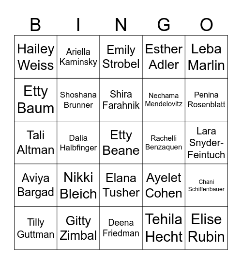 Shabbaton Bingo Card