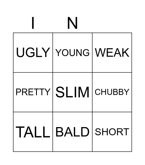 Adjectives Bingo Card