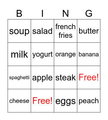 Things to Eat Bingo Card