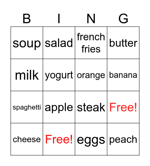 Things to Eat Bingo Card