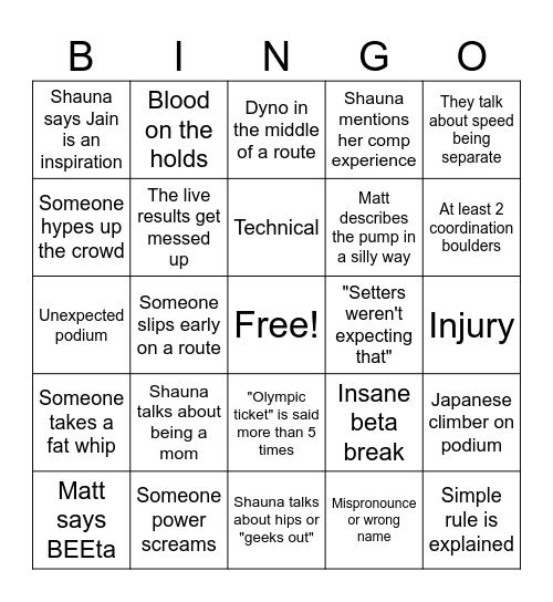 WC Finals Bingo Card