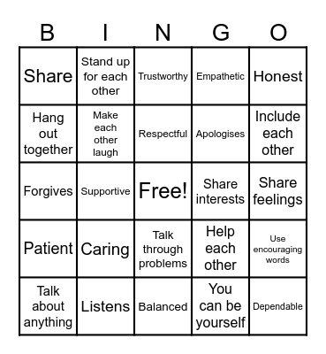 Friendship Qualities Bingo Card
