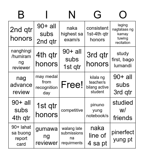 Bingo (Academic Achiever Ver.) Bingo Card