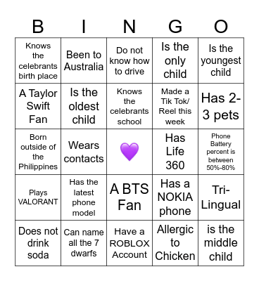 Life Teen Bingo Card