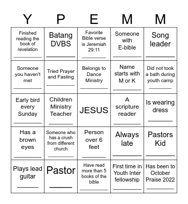 YPemm Inter-Church Fellowship Bingo Card