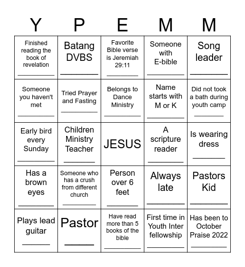 YPemm Inter-Church Fellowship Bingo Card