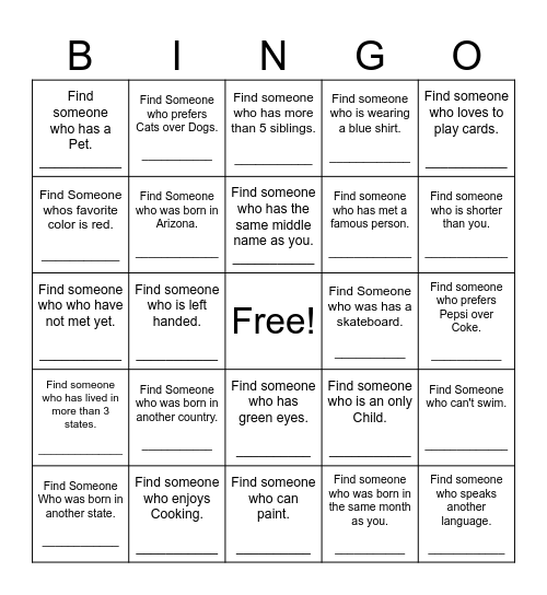 Find Someone Who Bingo Card