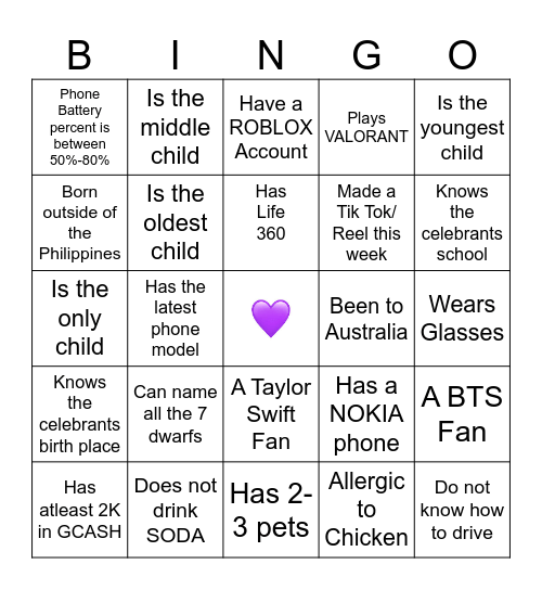Life Teen Bingo Card