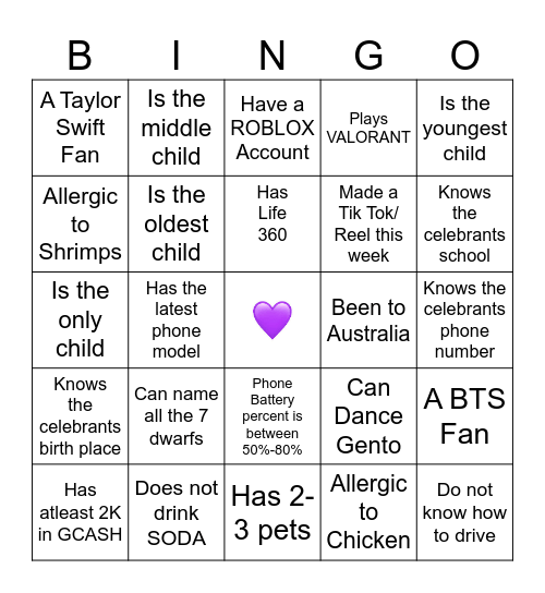 Life Teen Bingo Card