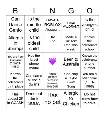 Life Teen Bingo Card