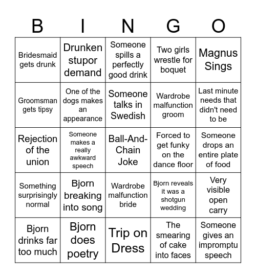 Wedding of All Time Bingo Card