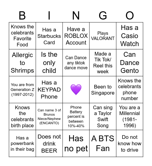 Life Teen Bingo Card