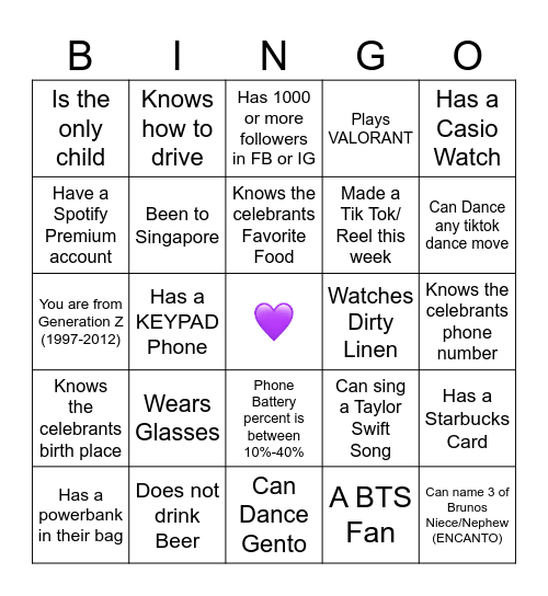 Life Teen Bingo Card