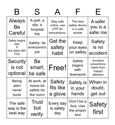 Safety Slogan Bingo Card
