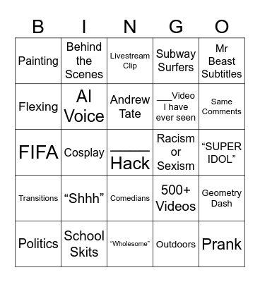 TIKTOK / YT SHORTS BINGO Card