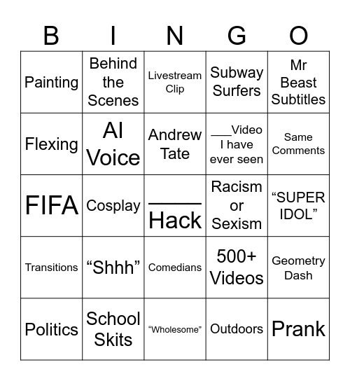 TIKTOK / YT SHORTS BINGO Card