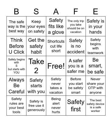 Safety Slogan Bingo Card