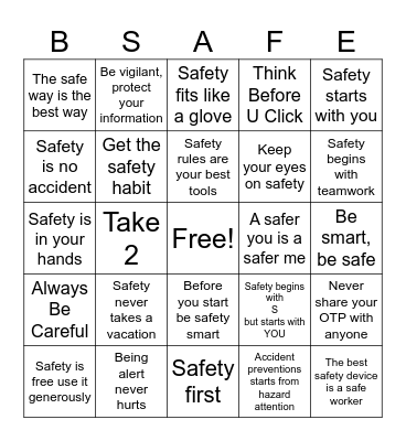 Safety Slogan Bingo Card