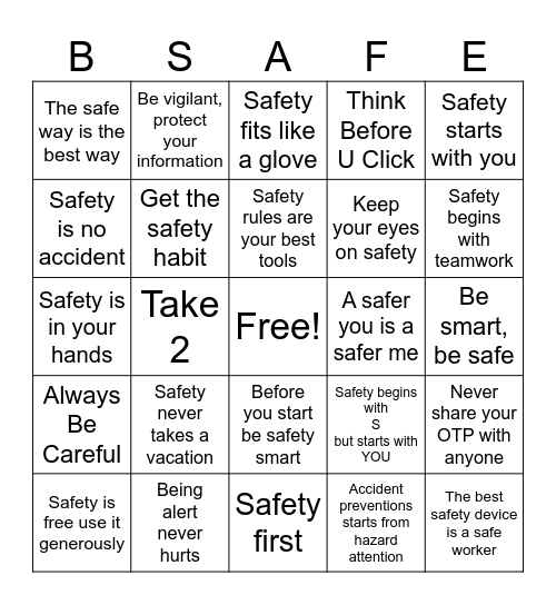 Safety Slogan Bingo Card