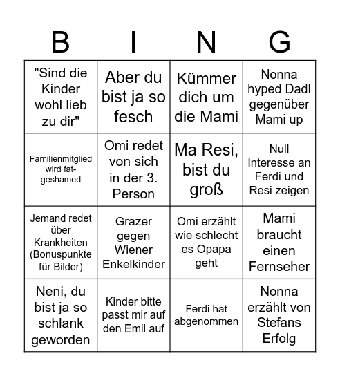 Familienfeier Bingo Card