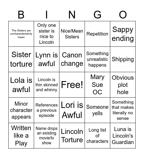 Loud House Fanic Bingo Card