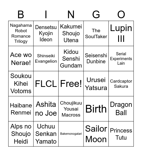 Anime Bingo Card