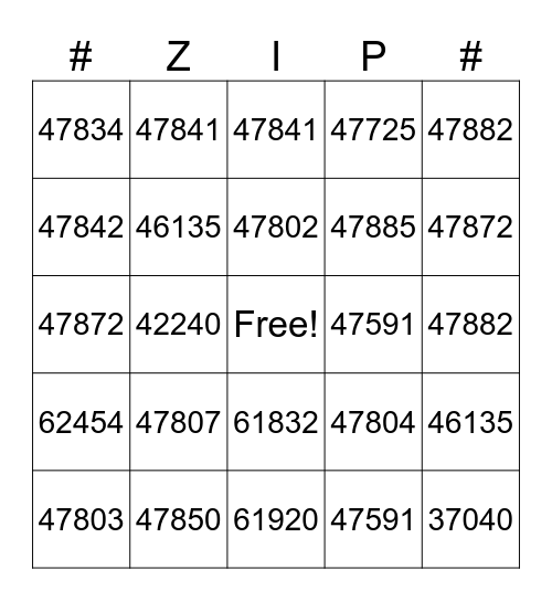 Zip Code Bingo Card