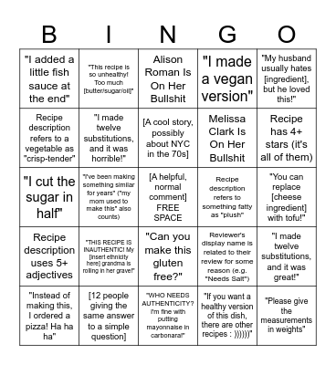 NYT Cooking Recipe & Comments Bingo Card