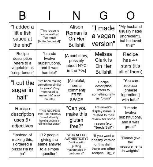 NYT Cooking Recipe & Comments Bingo Card