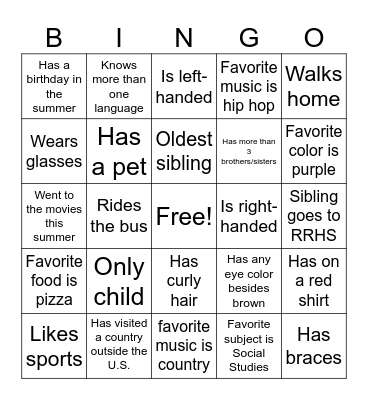 Classmate Bingo Card