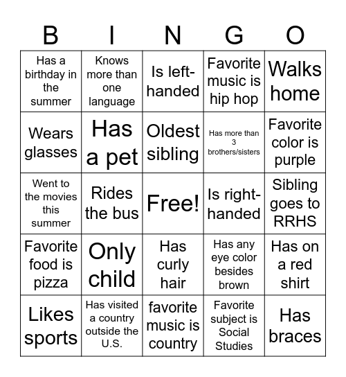 Classmate Bingo Card