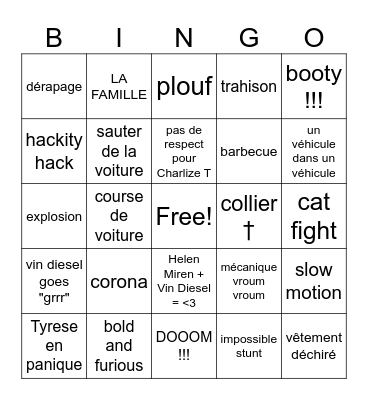 FAST X FURIOUS Bingo Card