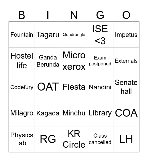 UVCE Bingo Card