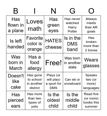 Welcome Back! Bingo Card