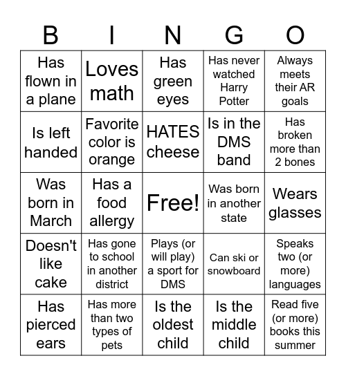 Welcome Back! Bingo Card