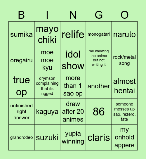 amq Bingo Card