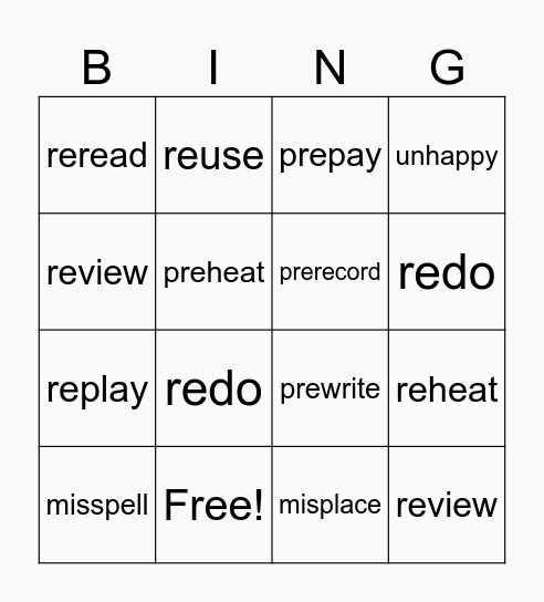 PREFIX BINGO! re, un, mis, pre Bingo Card