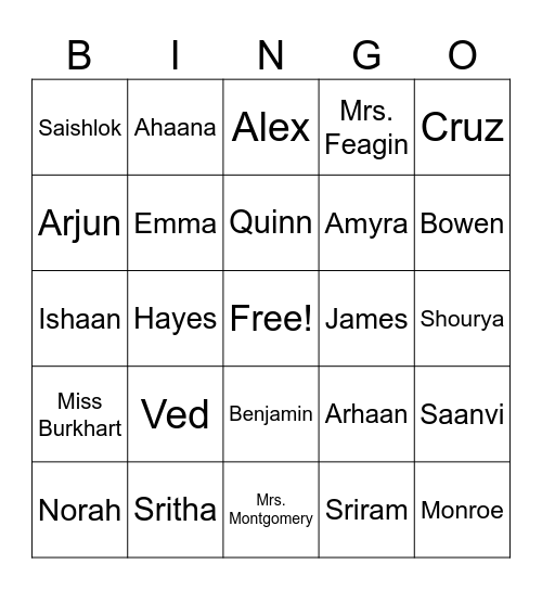 Class Name Bingo Card